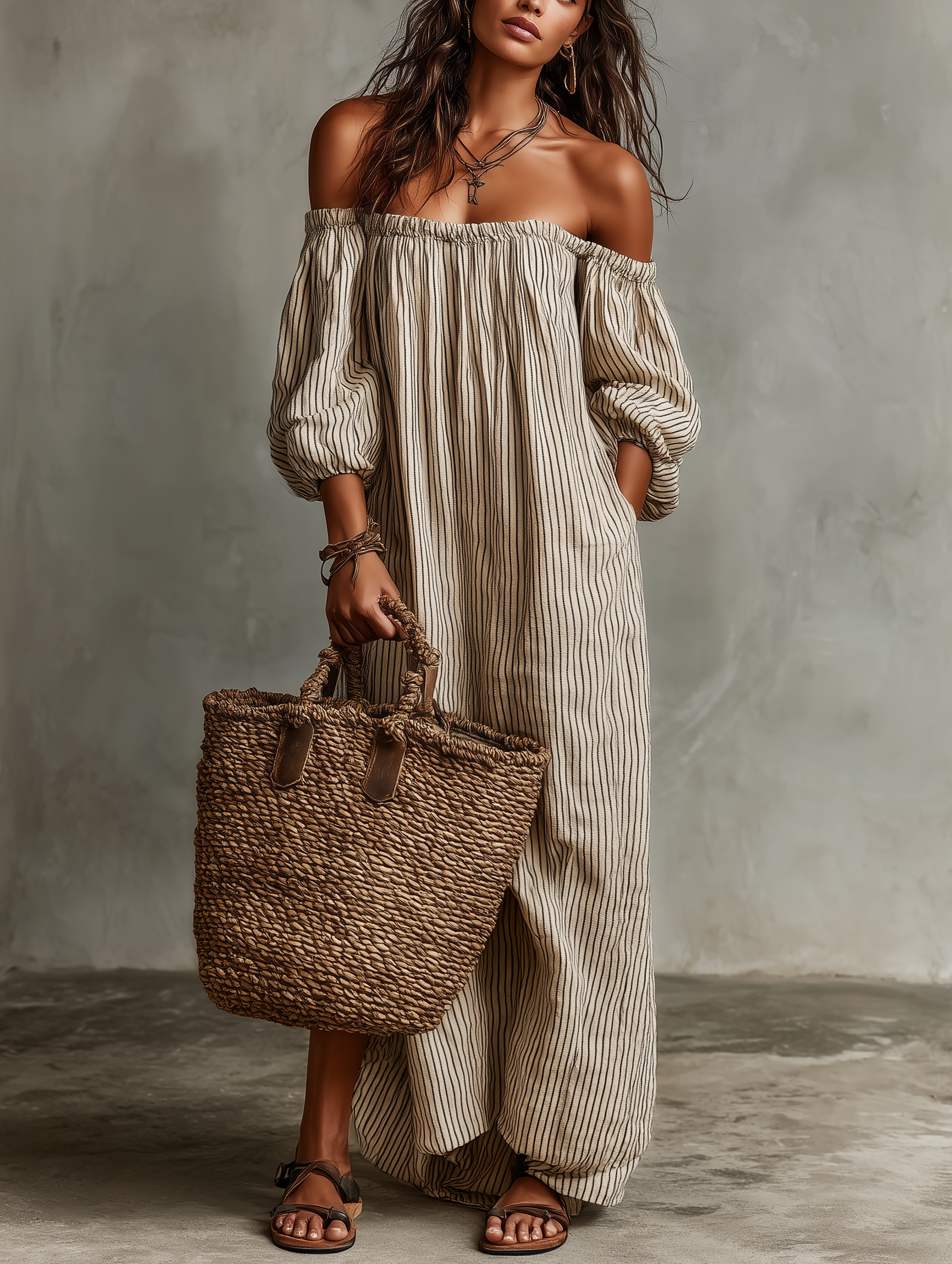 Rigatta Off-Shoulder Striped Maxi Dress – Women Summer Boho Casual Beach Vacation Sundress Maxi Dress