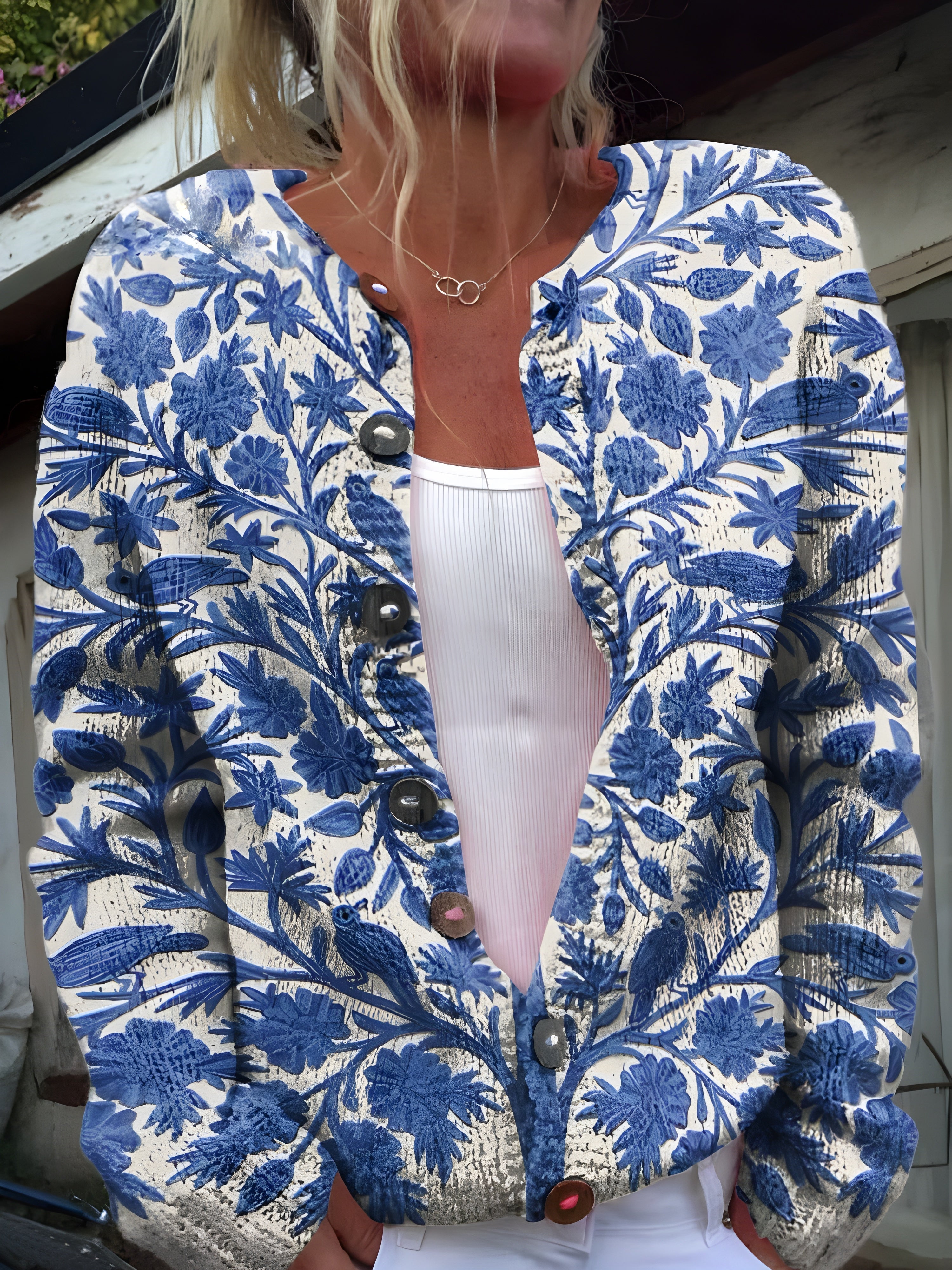 Floravera Printed Button-Front Cardigan – Women Floral Jacket Summer Resort Vacation Contrast Statement Cardigan
