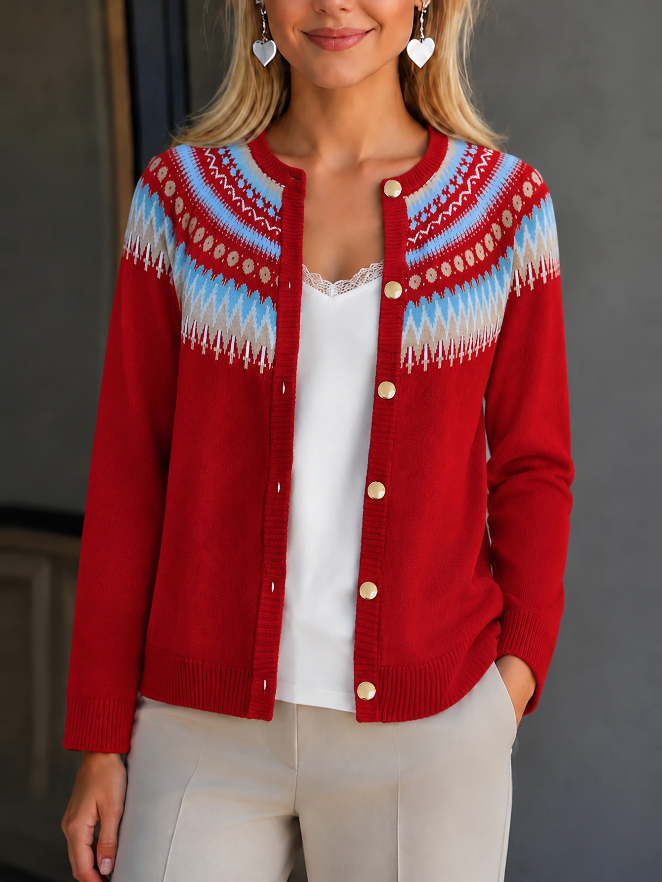 Gilet boutonné à motif Fair Isle Ondri – Haut à manches longues boutonné pour femme, pull en maille jacquard bleu marine, beige et bleu