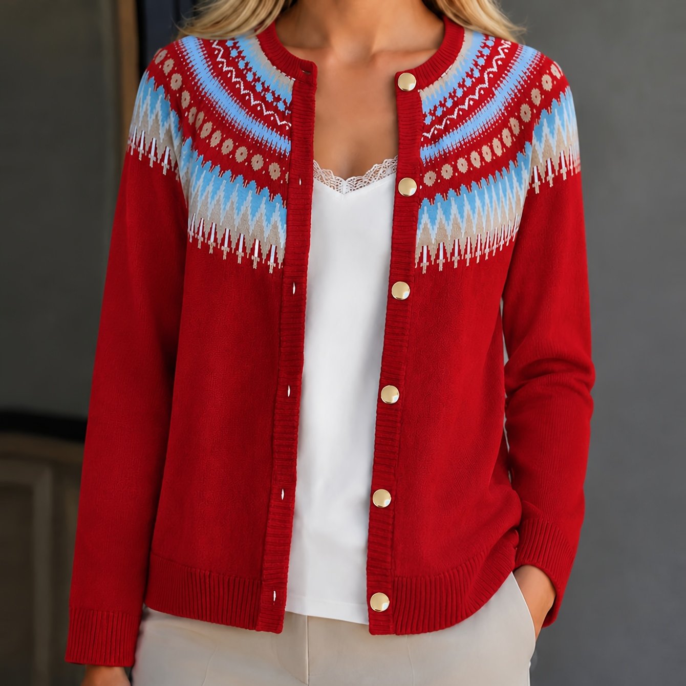 Gilet boutonné à motif Fair Isle Ondri – Haut à manches longues boutonné pour femme, pull en maille jacquard bleu marine, beige et bleu
