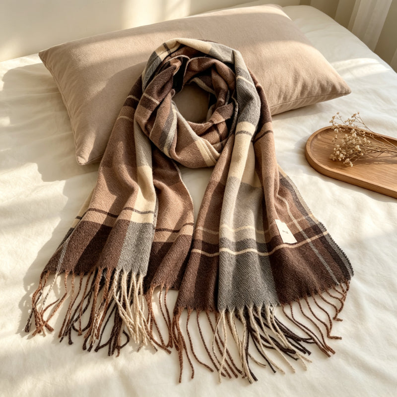Grande écharpe à carreaux Frinara – Écharpe chaude pour femme, hiver et automne, à pompons et franges, châle enveloppant façon couverture