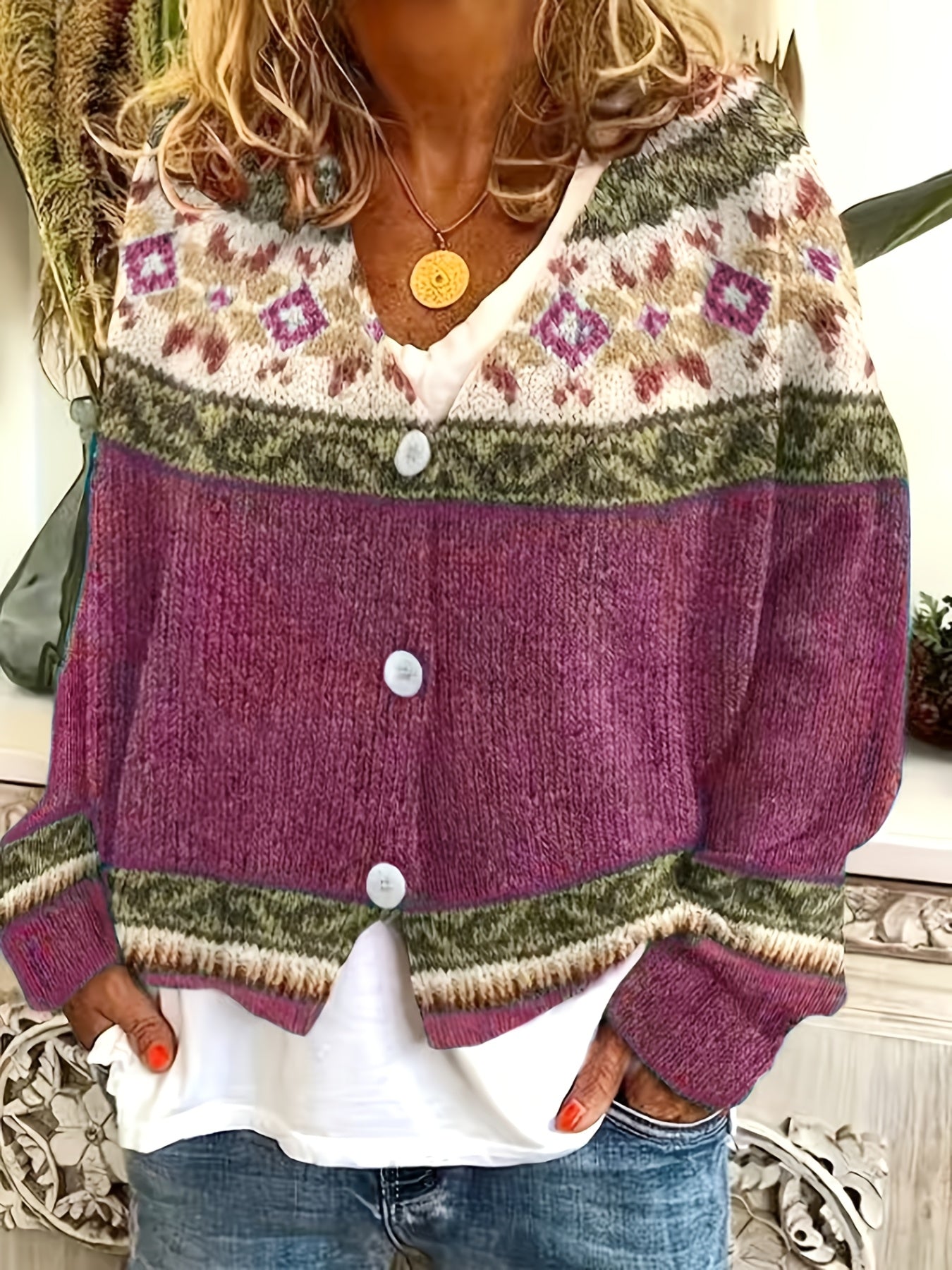Blorvio Fair Isle Button Cardigan – Crochet Cardigan Sweater Women Fall Vintage Cropped Knit Cardigan
