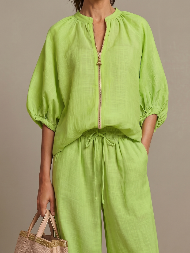 Cielebri Puff Sleeve Zip Top Wide Leg Pants Set – Two Piece Sets Women Loungewear Casual Summer Lounge Sets