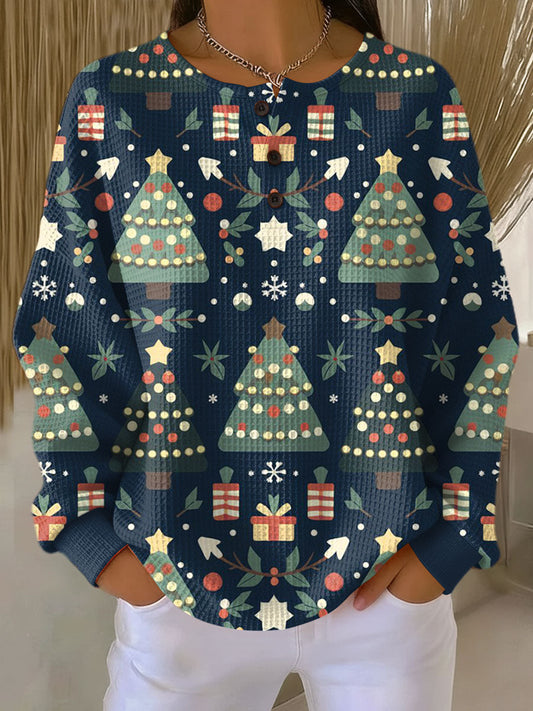 Sweat-shirt imprimé festif Snowdot - imprimé sapin de Noël, col rond, manches longues, pull de fête pour femme