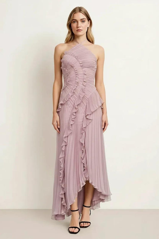 Pliova Halter Gown – Pleated Maxi Dress Women Semi Formal Wedding Guest Evening Ruffle