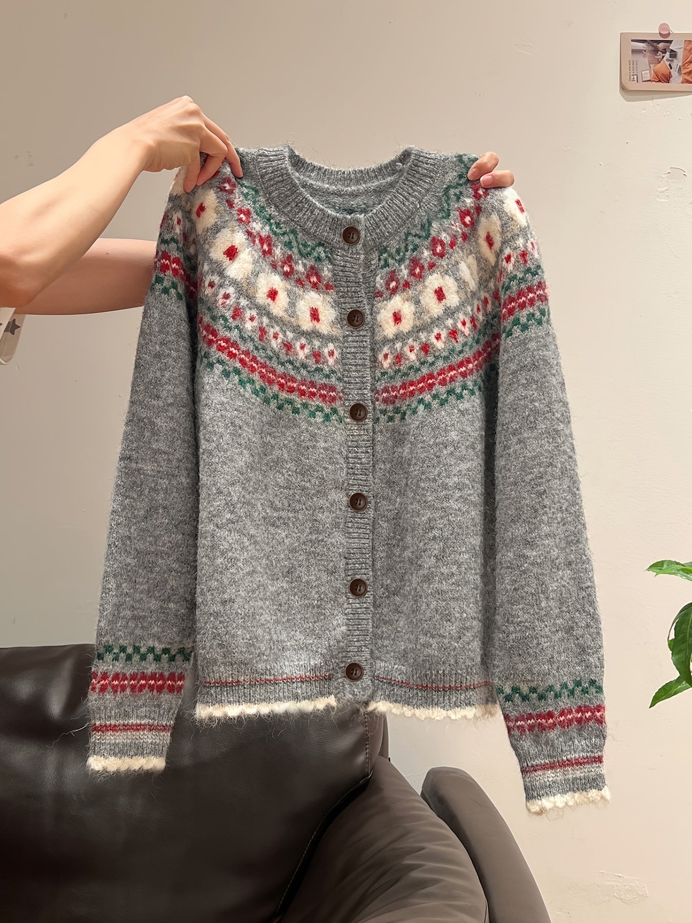 Blomstra Fair Isle Button Cardigan – Chunky Knit Women Fall Cozy Oversized Nordic Pattern Cardigan