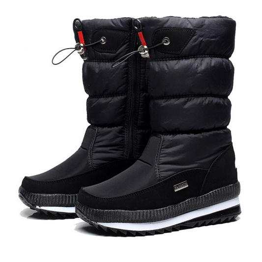 Pufflock Quilted Platform Snow Boots – Women Waterproof Winter Knee-High Black Thick Sole Boots