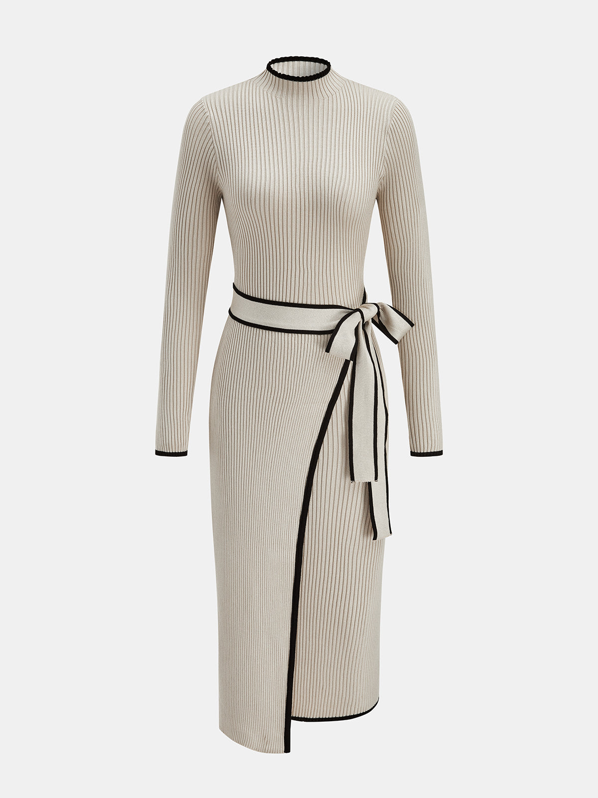 Piparim Ribbed Wrap Midi Dress – Long Sleeve Sweater Women Contrast Trim Tie-Waist Knit Midi Dress