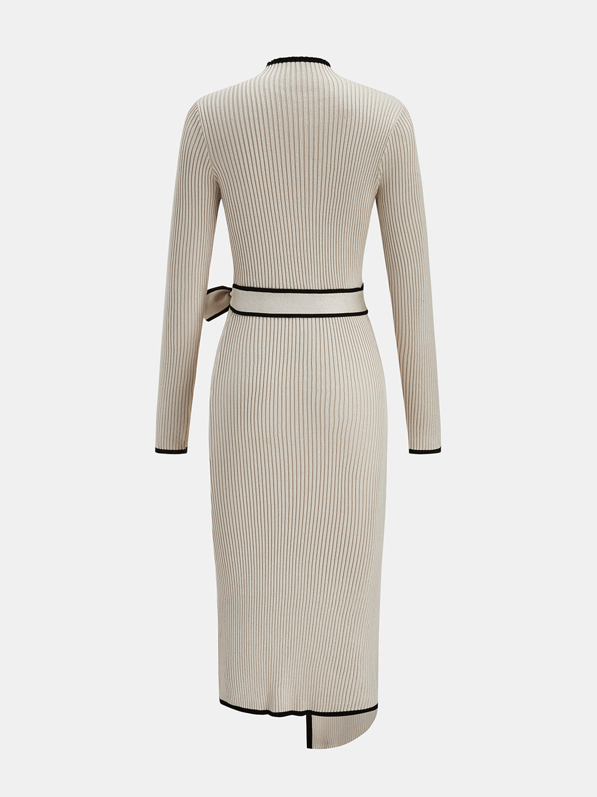 Piparim Ribbed Wrap Midi Dress – Long Sleeve Sweater Women Contrast Trim Tie-Waist Knit Midi Dress