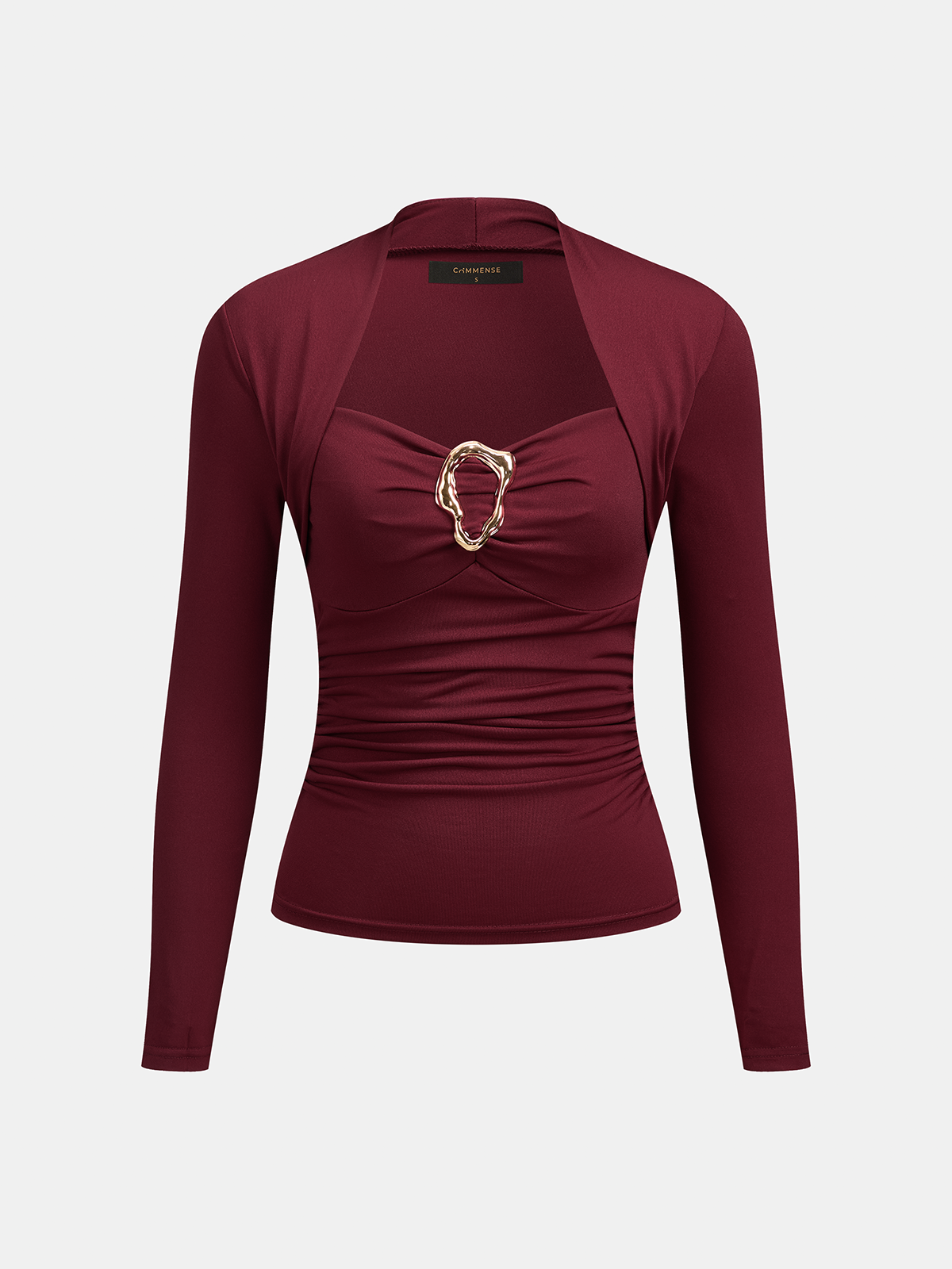Torque Twist-Front Long Sleeve Top – Metal Buckle Square Neck Ruched Fitted Women Blouse Going Out Tops