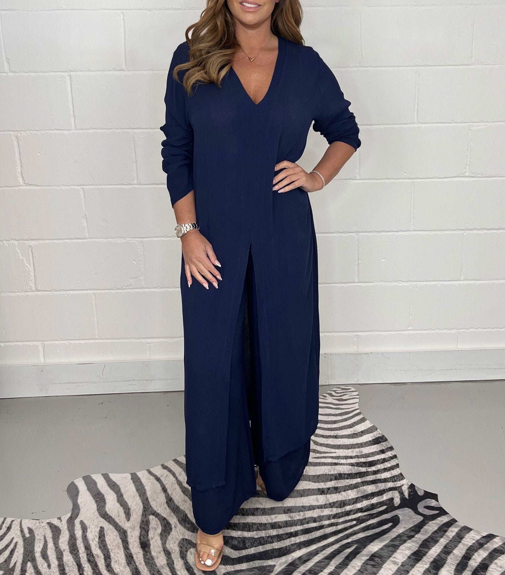 Navisse V-Neck Wide-Leg Lounge Set – Women Summer Resort Casual Deep V Neck Top Co-Ord Wide Leg Pants Set