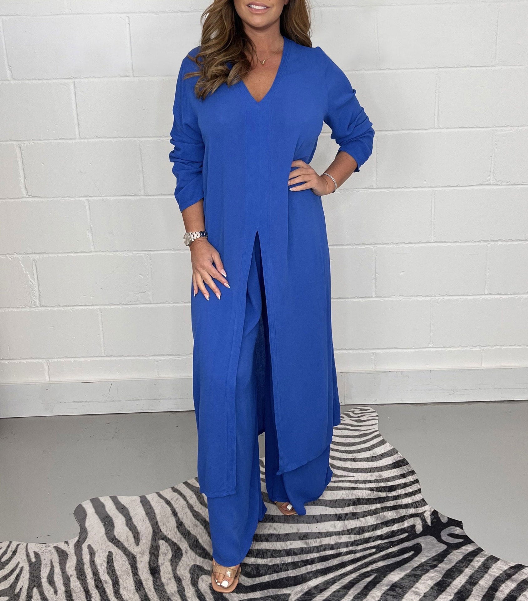 Navisse V-Neck Wide-Leg Lounge Set – Women Summer Resort Casual Deep V Neck Top Co-Ord Wide Leg Pants Set