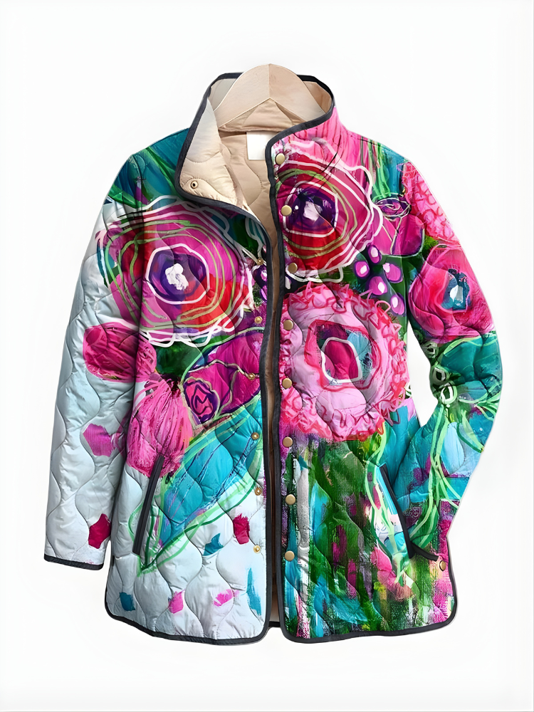 Fiorente Quilted Floral Jacket – Women Longline Statement Print Winter Coat Casual Artistic Jacket