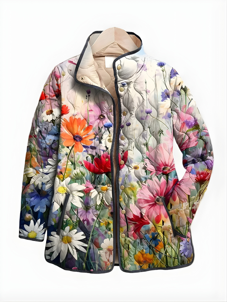 Fiorenta Quilted Floral Jacket – Women Lightweight Reversible Bomber Vintage Garden Print Casual Outerwear