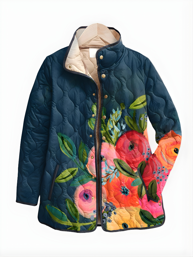 Fiorenta Quilted Floral Jacket – Women Lightweight Reversible Bomber Vintage Garden Print Casual Outerwear