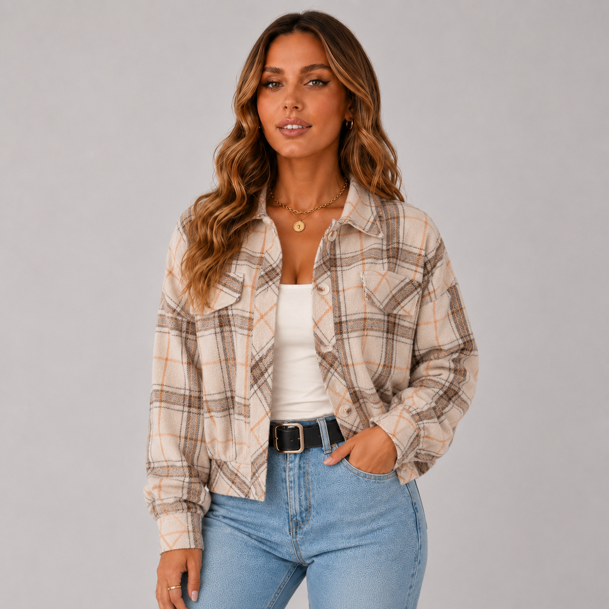 Quadrim Cropped Plaid Shacket – Wool Blend Button Up Flannel Women Winter Oversized Shirt Jacket