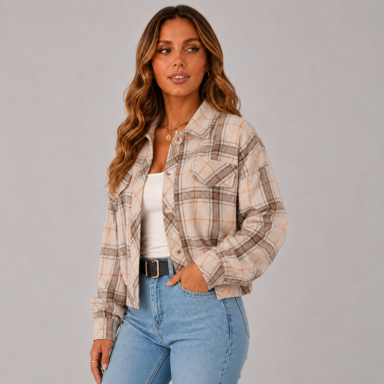 Quadrim Cropped Plaid Shacket – Wool Blend Button Up Flannel Women Winter Oversized Shirt Jacket