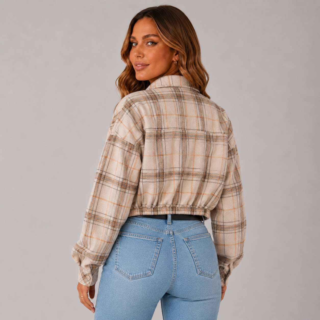 Quadrim Cropped Plaid Shacket – Wool Blend Button Up Flannel Women Winter Oversized Shirt Jacket