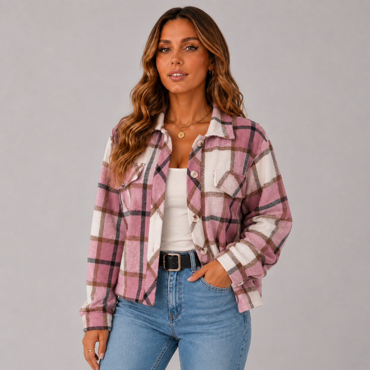 Quadrim Cropped Plaid Shacket – Wool Blend Button Up Flannel Women Winter Oversized Shirt Jacket