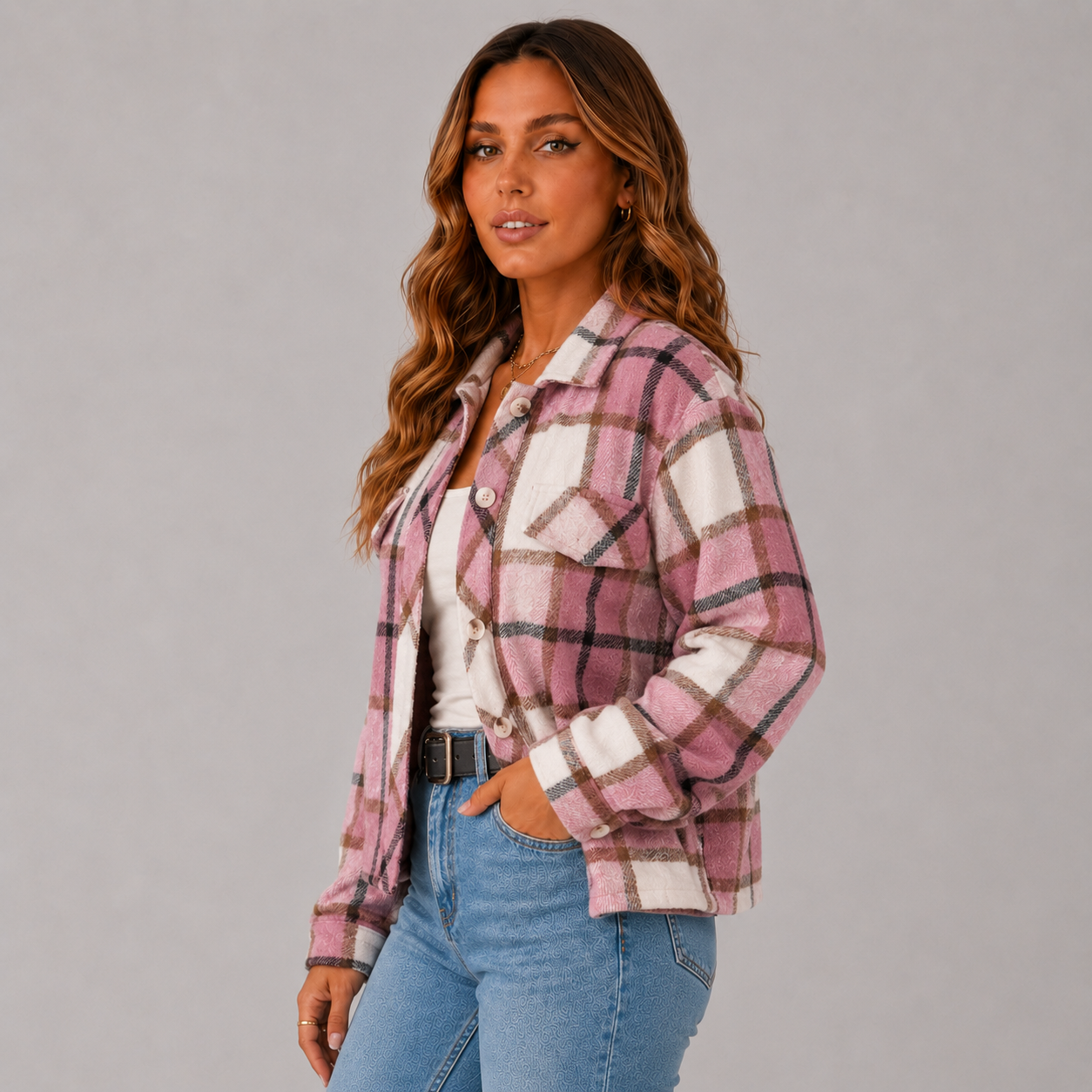 Quadrim Cropped Plaid Shacket – Wool Blend Button Up Flannel Women Winter Oversized Shirt Jacket