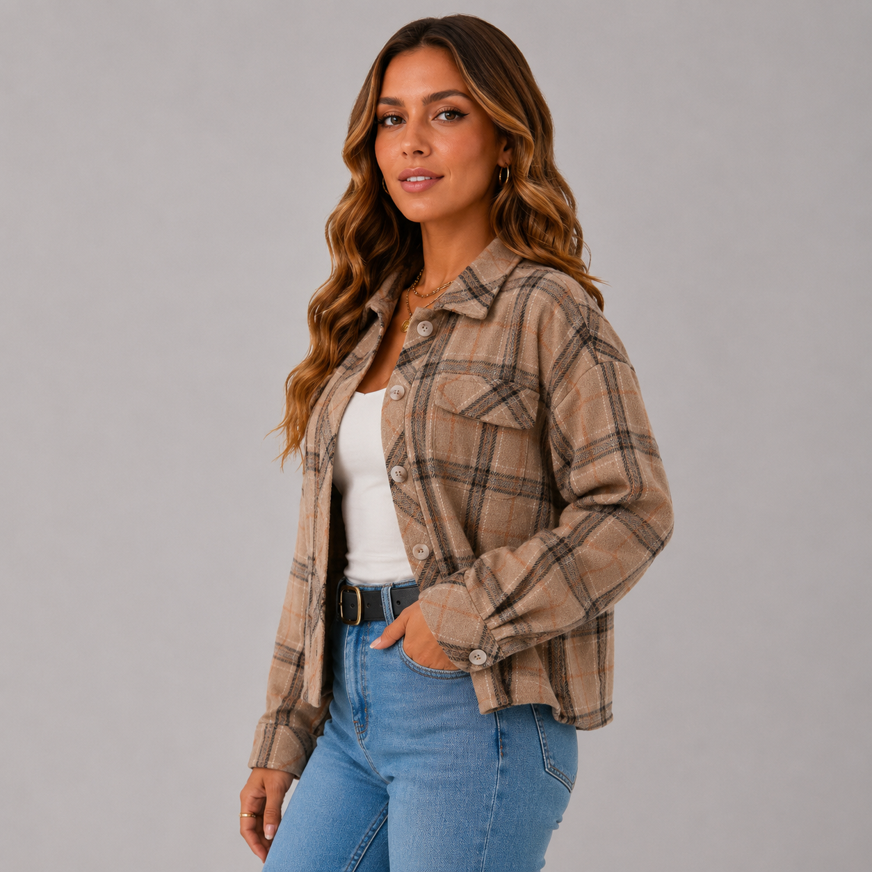 Quadrim Cropped Plaid Shacket – Wool Blend Button Up Flannel Women Winter Oversized Shirt Jacket