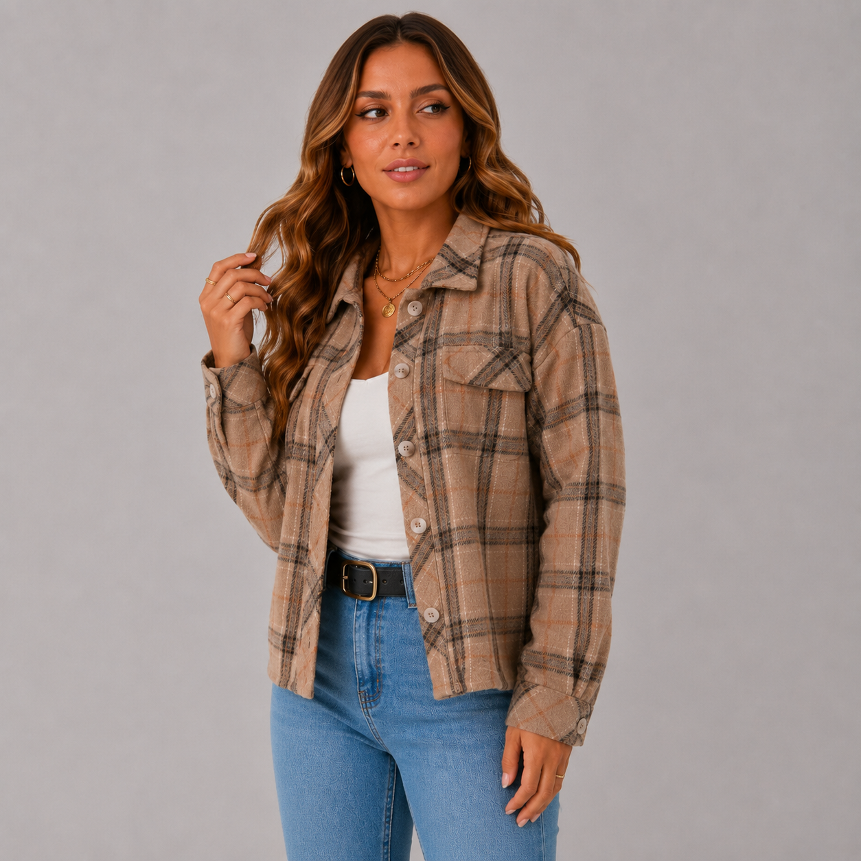 Quadrim Cropped Plaid Shacket – Wool Blend Button Up Flannel Women Winter Oversized Shirt Jacket
