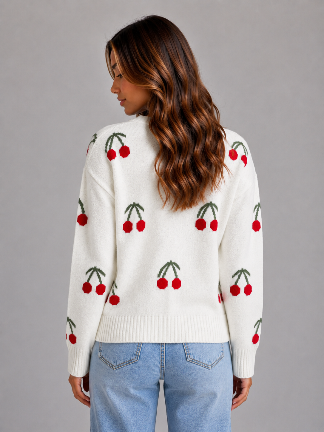 Ciglioso Cherry Embroidered Knit Cardigan – V-Neck Button Front Women Sweater Cropped Chunky Knit Cardigan