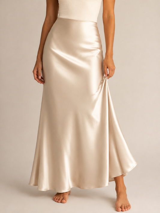 Jupe maxi en satin coupé dans le biais Ondine – Jupe fourreau ajustée taille haute, tenue de soirée habillée pour femme