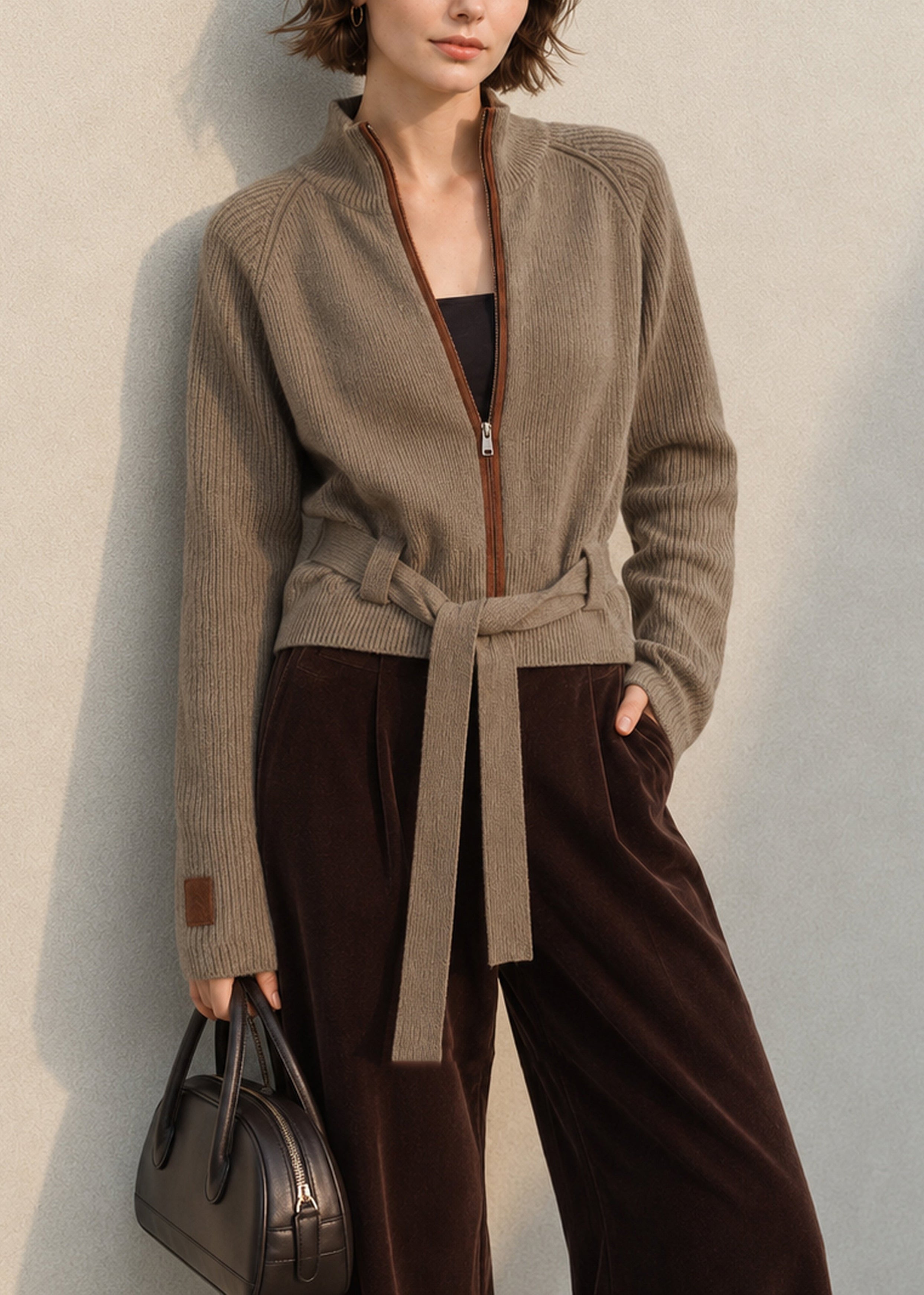 Cardigan côtelé zippé Costalon - Gilet en maille taupe pour femme, ceinturé, automne, style chic décontracté, veste de bureau