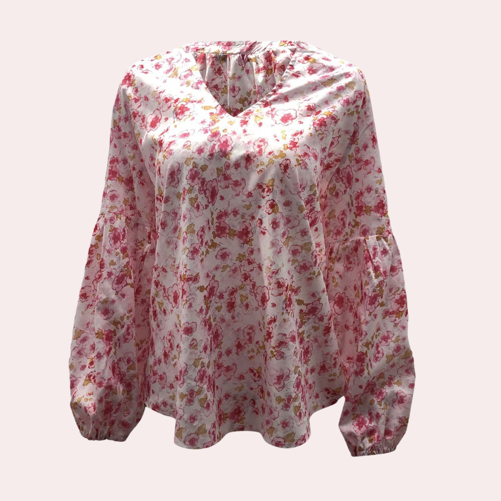 Fioriette V-Neck Balloon Sleeve Blouse – Floral Women Casual Dressy Summer Evening Office Long Sleeve Top