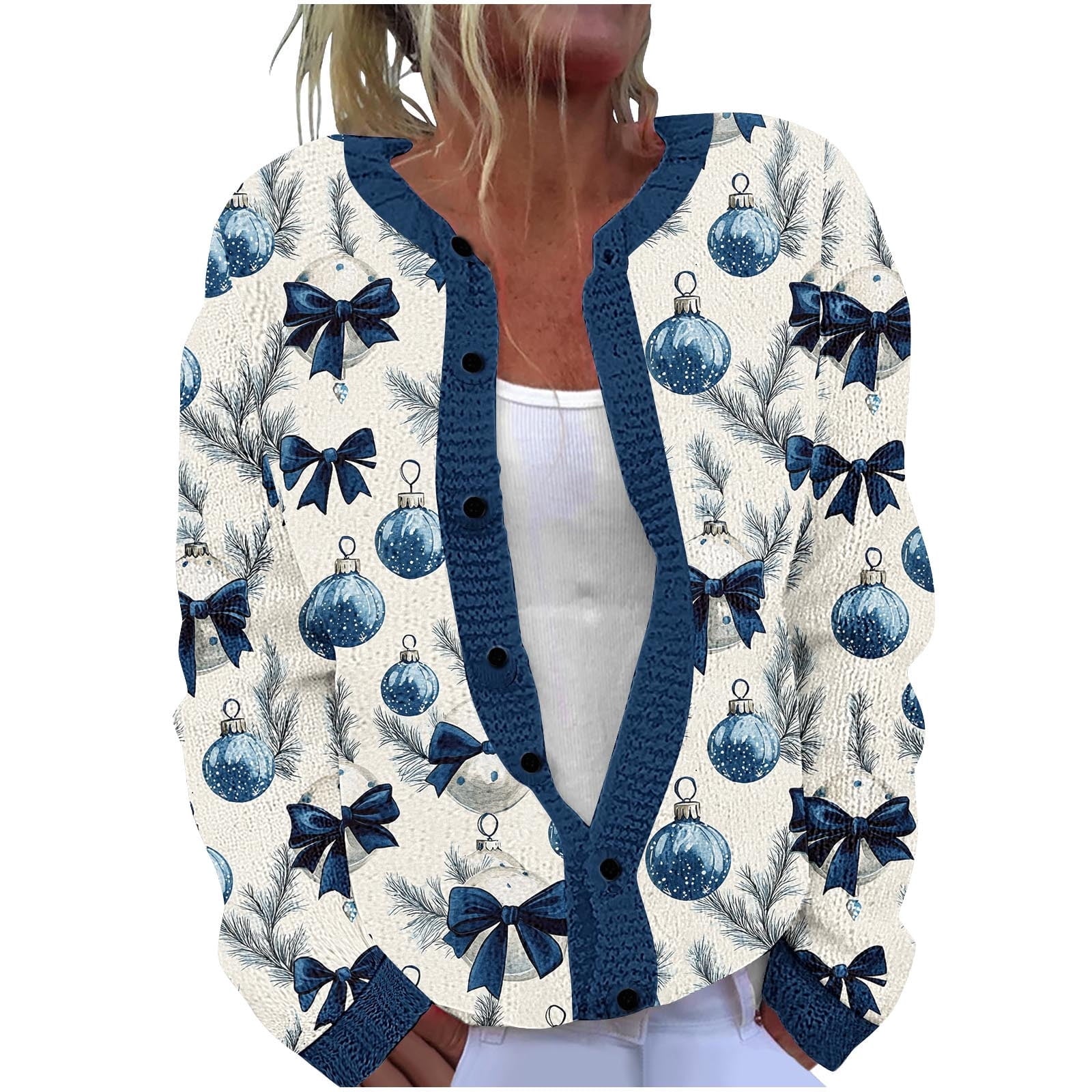 Ornabelle Printed Cardigan – Christmas Holiday Women Button Down Knit Cardigan Blue Festive Casual Fall Cardigan