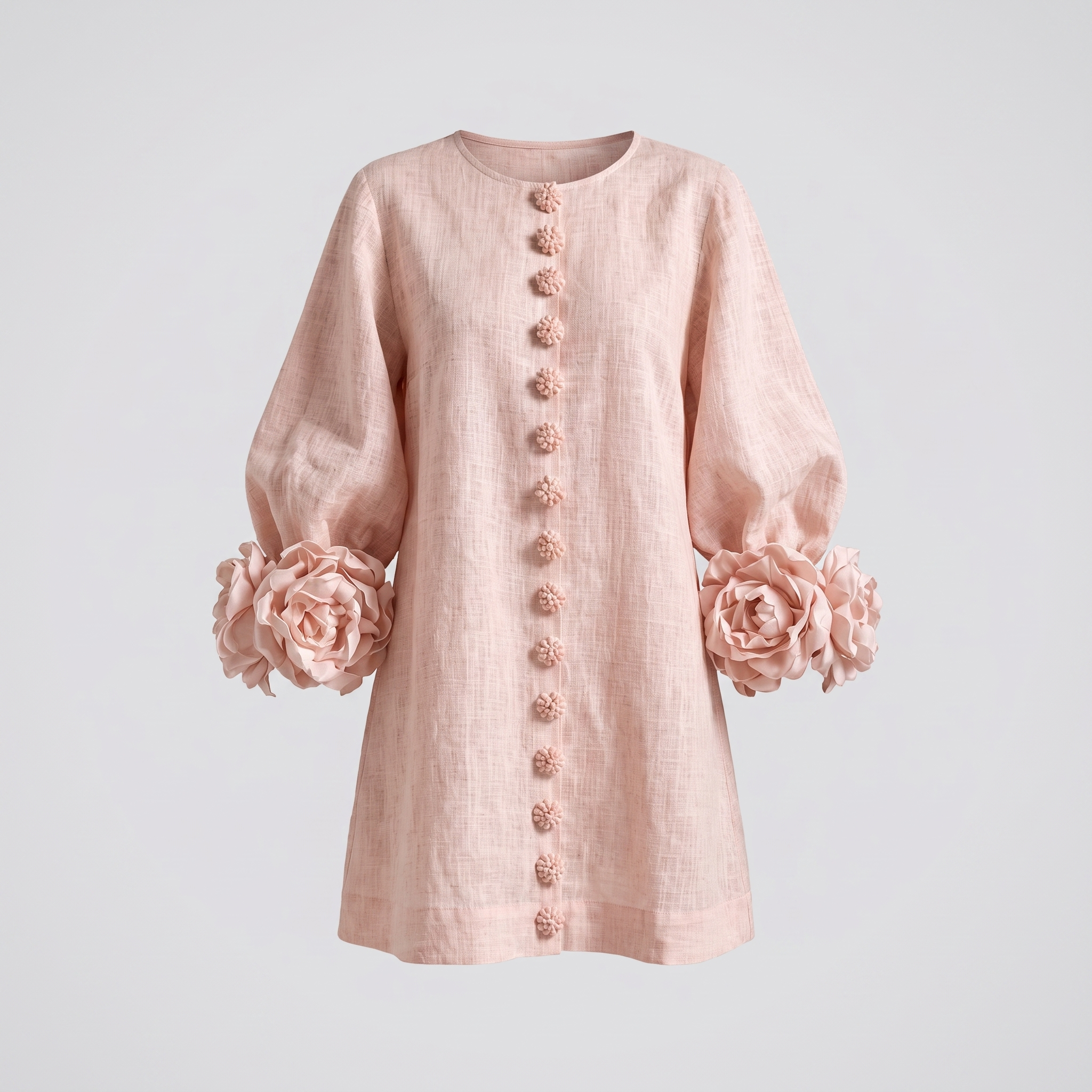 Petalyn Linen Button-Front Mini Dress – 3D Floral Sleeve Women Summer Wedding Guest Boho Shift Mini Dress