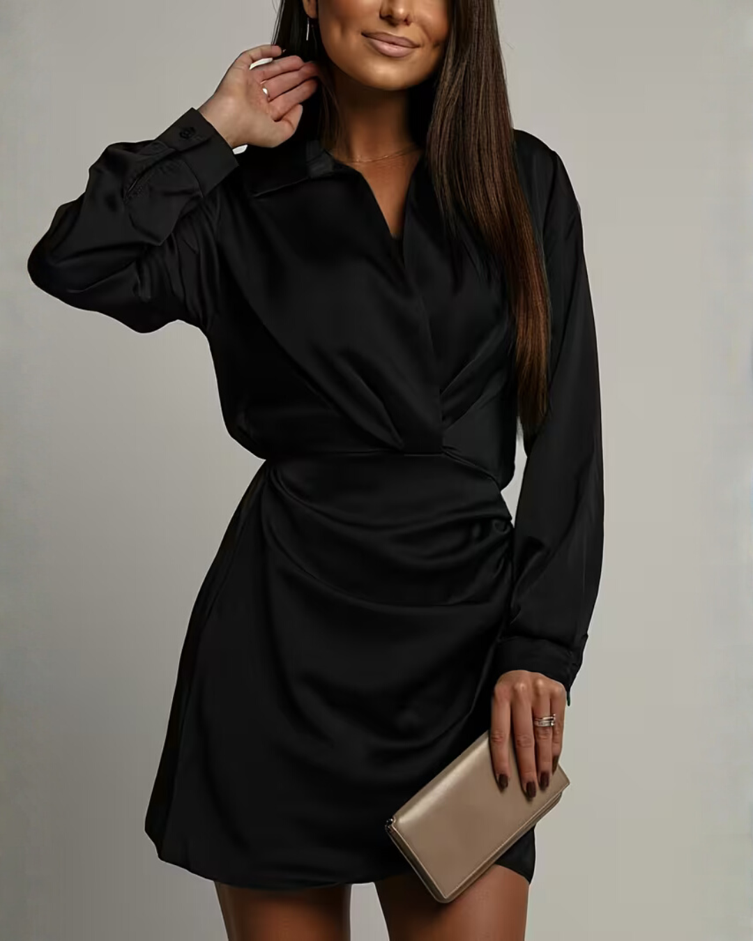 Robe portefeuille courte en satin Ottilie - robe moulante à manches longues pour femme, habillée, pour cocktail et fête