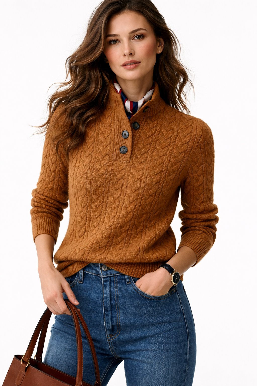 Trecci Cable Knit Mock Neck Sweater – Women Henley Button Pullover Casual Winter Office Knit Sweater