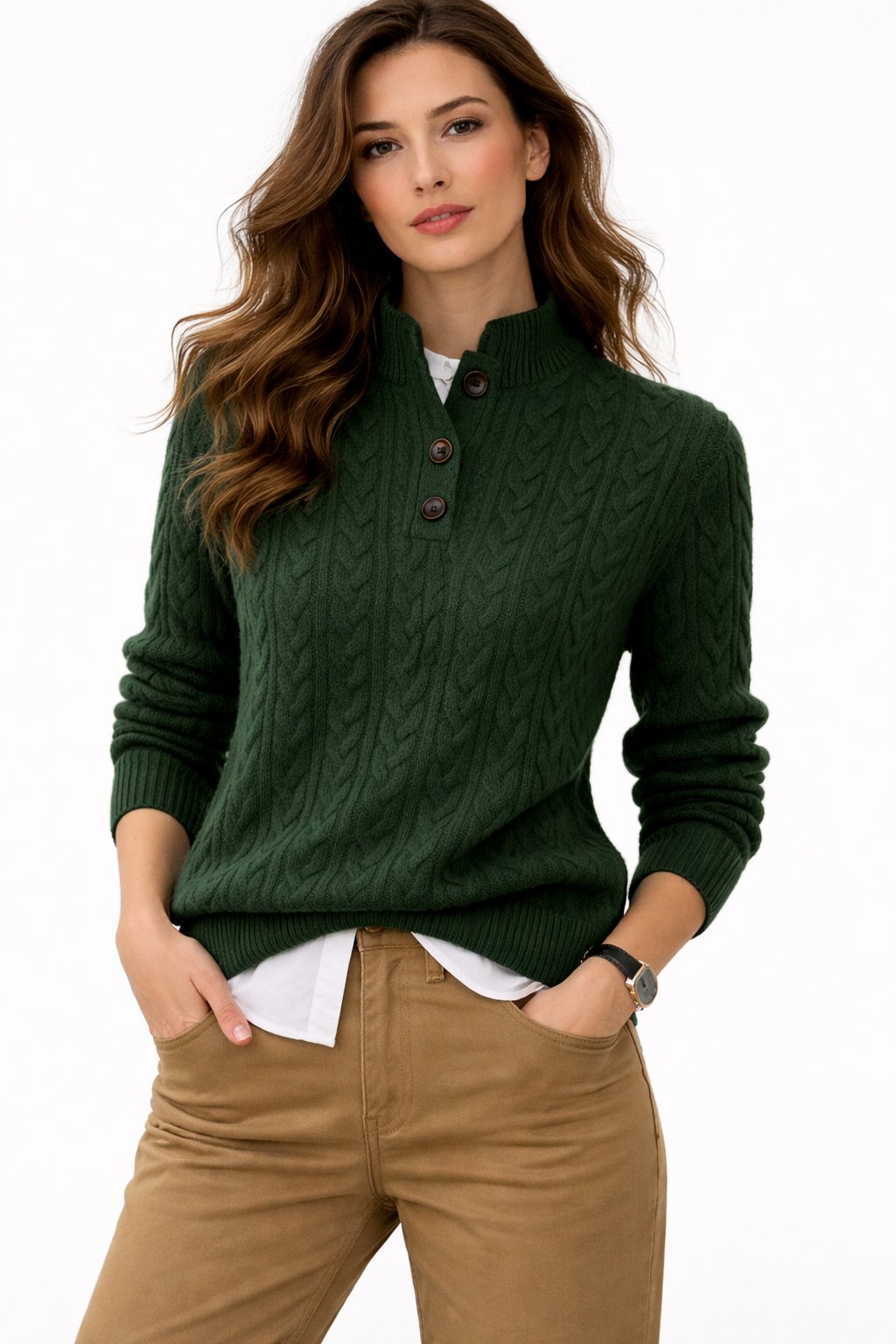 Trecci Cable Knit Mock Neck Sweater – Women Henley Button Pullover Casual Winter Office Knit Sweater