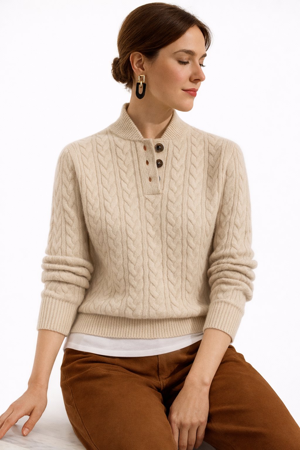 Trecci Cable Knit Mock Neck Sweater – Women Henley Button Pullover Casual Winter Office Knit Sweater