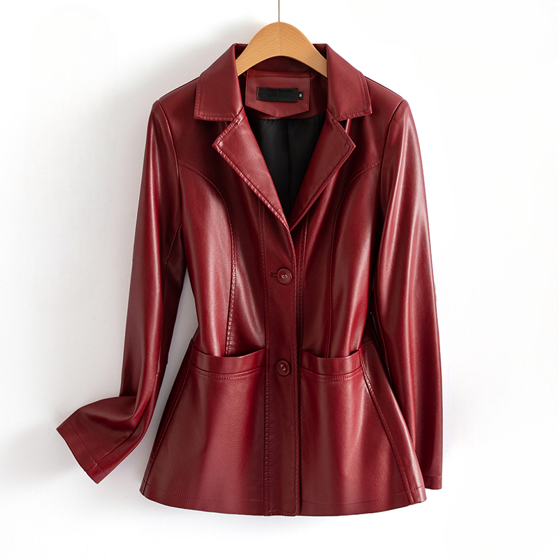 Noctiva Longline Faux Leather Blazer – Women Faux Leather Coat Notch Collar Tailored Outerwear Workwear Office Longline Blazer