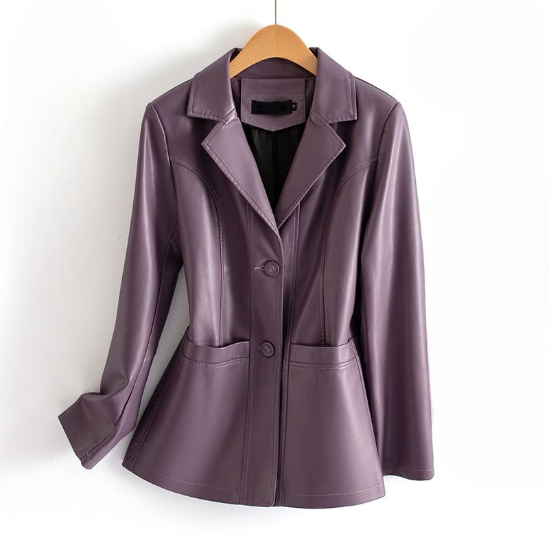 Noctiva Longline Faux Leather Blazer – Women Faux Leather Coat Notch Collar Tailored Outerwear Workwear Office Longline Blazer