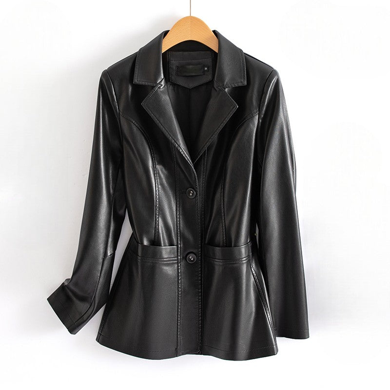 Noctiva Longline Faux Leather Blazer – Women Faux Leather Coat Notch Collar Tailored Outerwear Workwear Office Longline Blazer