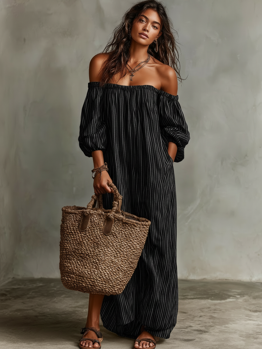 Rigatta Off-Shoulder Striped Maxi Dress – Women Summer Boho Casual Beach Vacation Sundress Maxi Dress