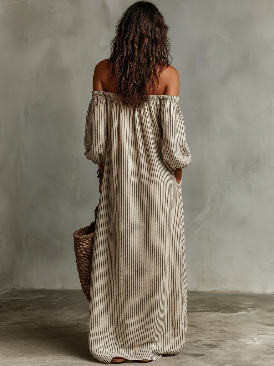 Rigatta Off-Shoulder Striped Maxi Dress – Women Summer Boho Casual Beach Vacation Sundress Maxi Dress