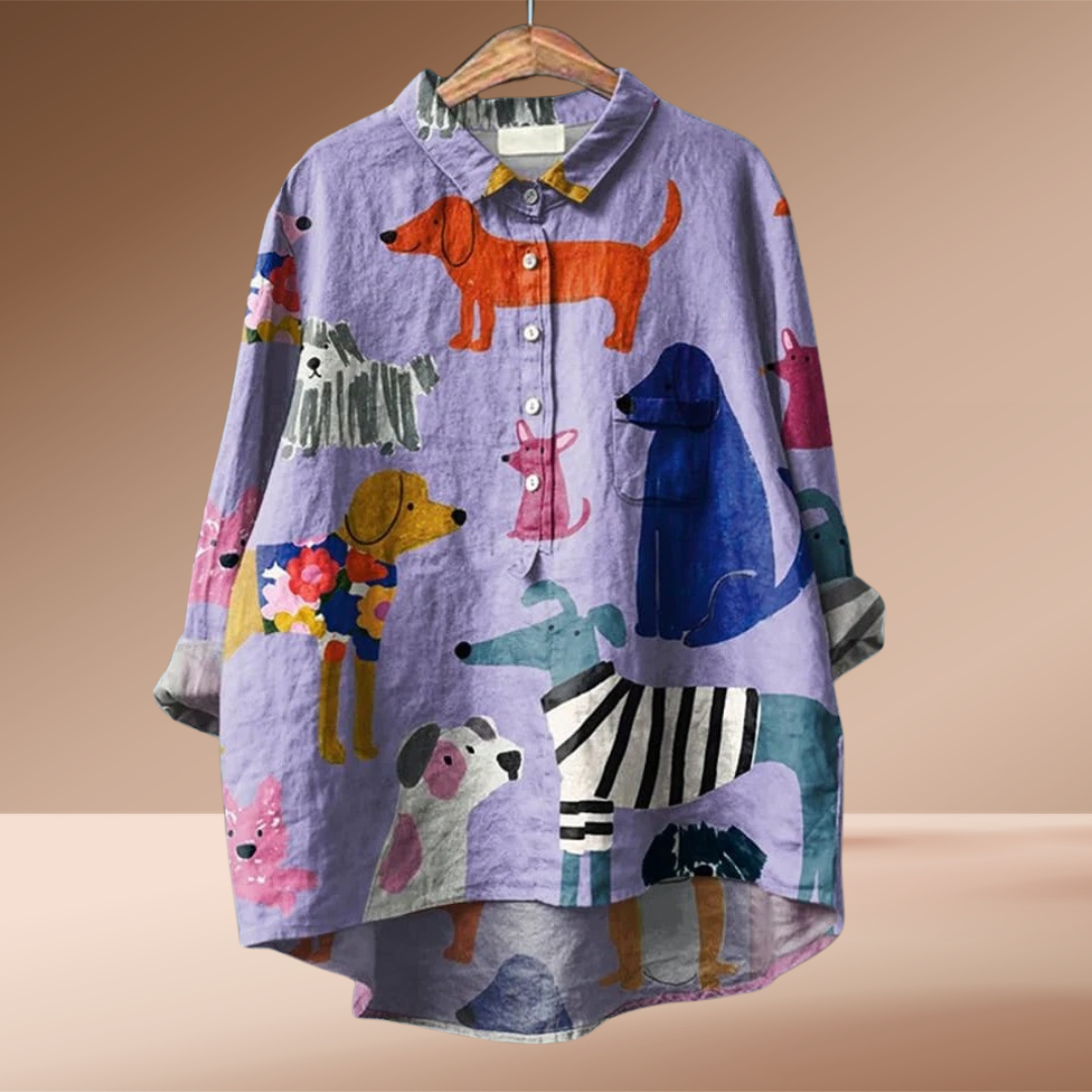 Cuccioli Illustrated Dog Print Shirt – Oversized Button Down Women Casual Fall Graphic Long Sleeve Top