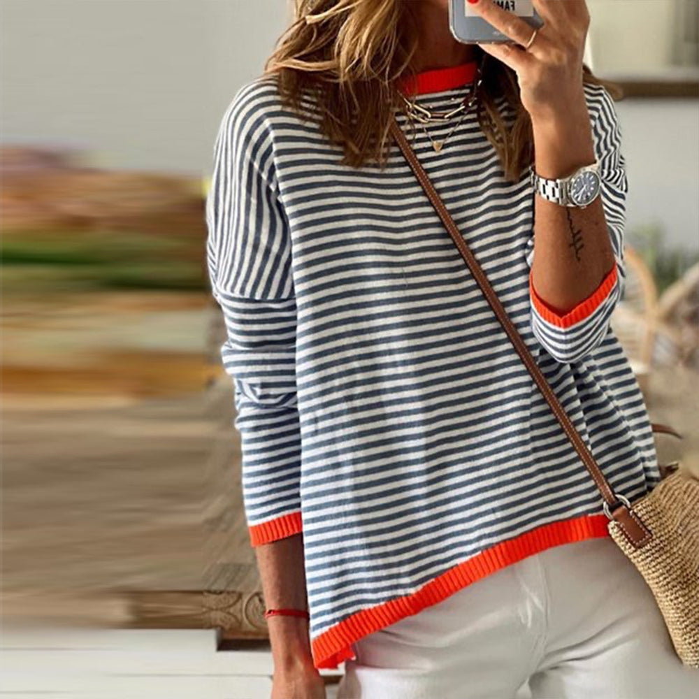 Rigatto Striped Knit Sweater – Women Casual Drop Shoulder Contrast Trim Chunky Knit Striped Sweater