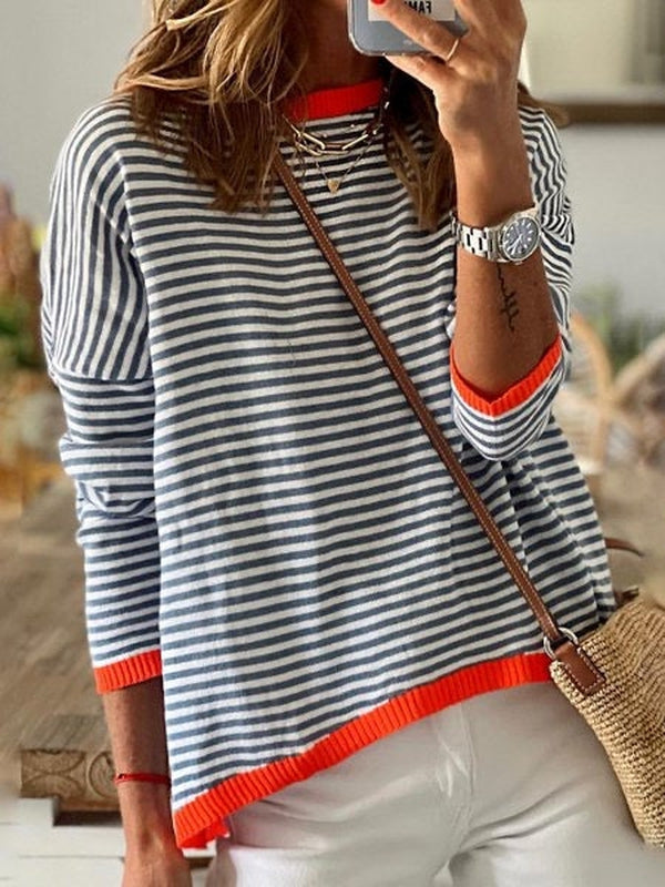Rigatto Striped Knit Sweater – Women Casual Drop Shoulder Contrast Trim Chunky Knit Striped Sweater