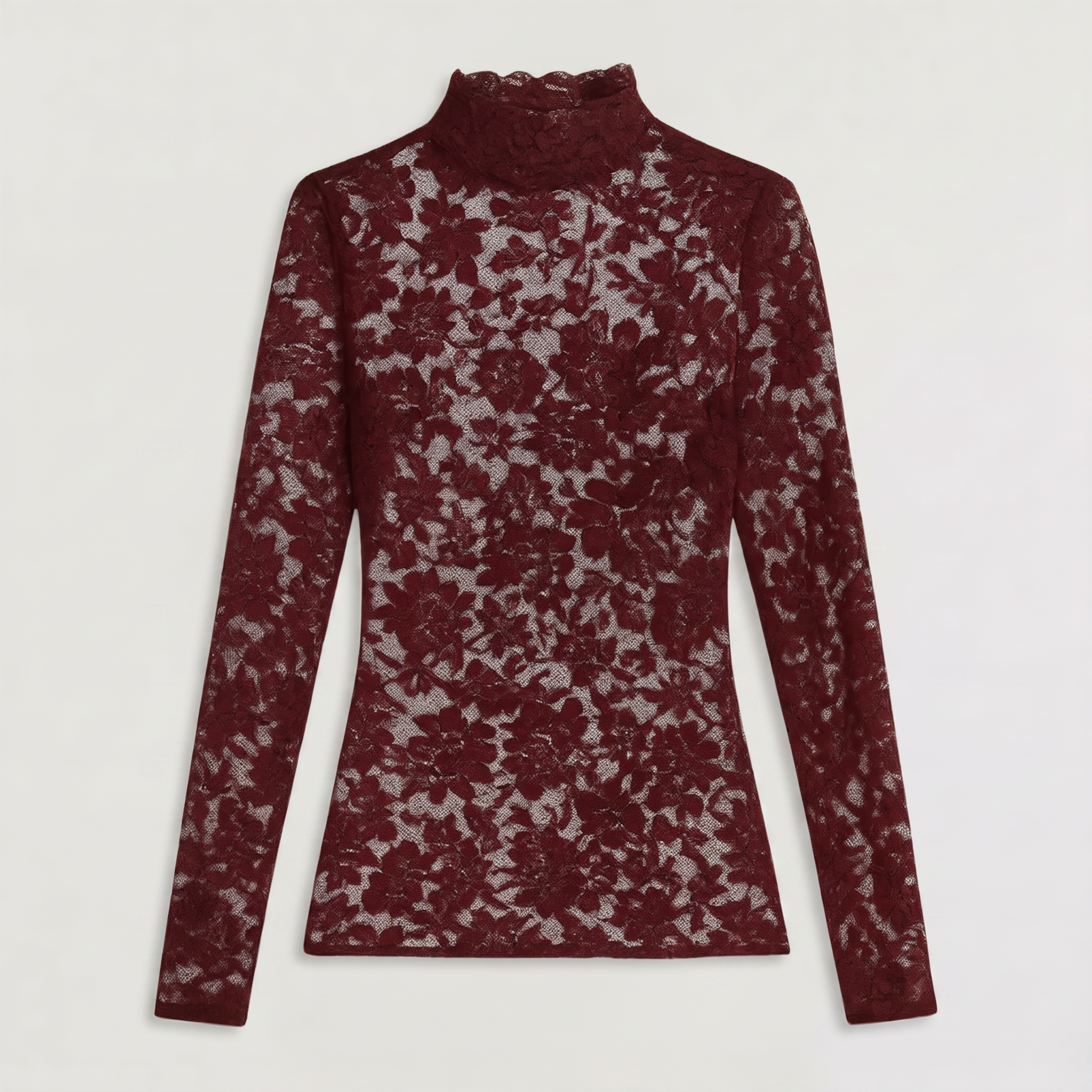 Haut en dentelle à col montant Dentella - blouse ajustée élégante pour femme, manches longues en mesh transparent, pour fête ou soirée