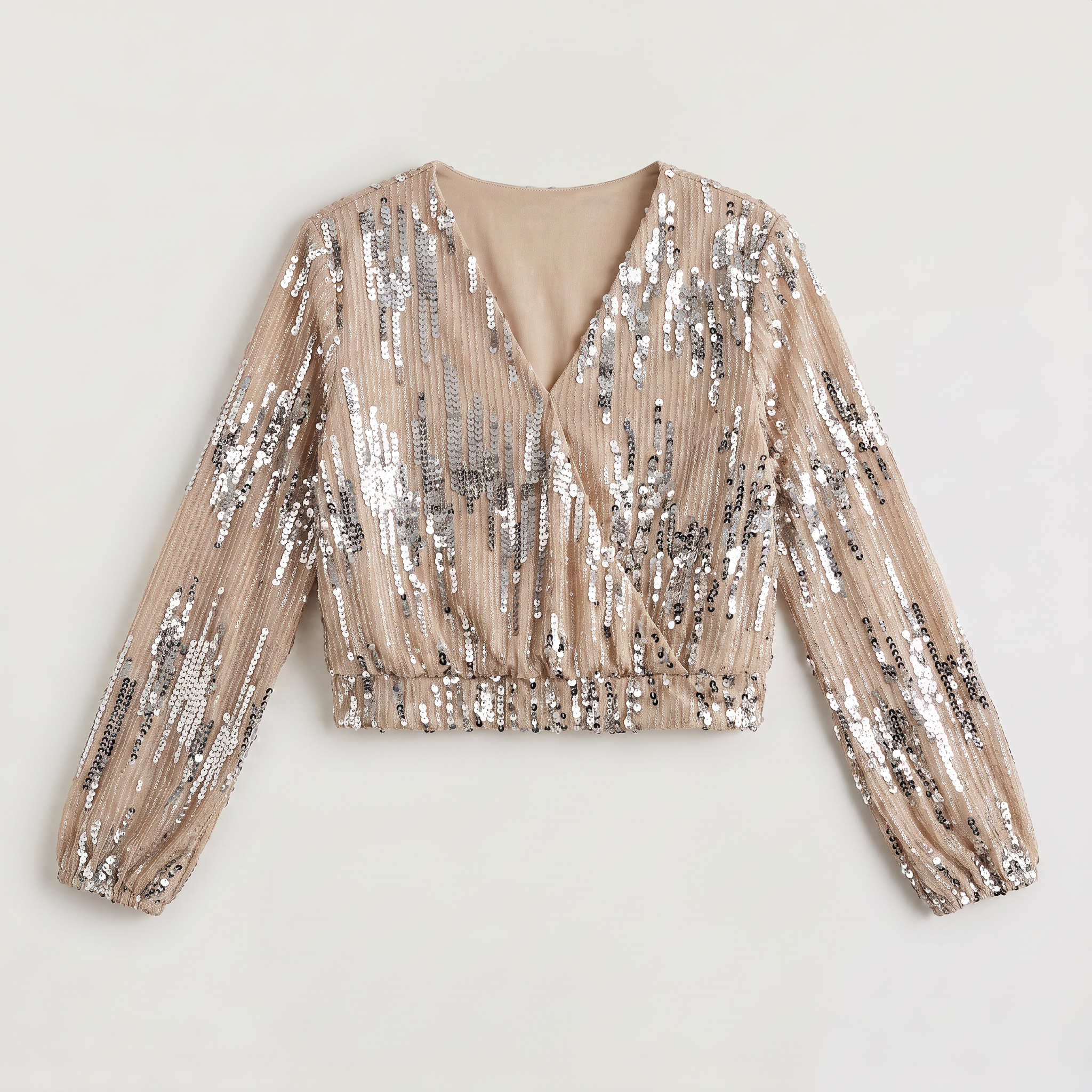 Scintille Sequin Wrap Crop Top – Women Long Sleeve V-Neck Party Cocktail Evening Formal Cropped Blouse