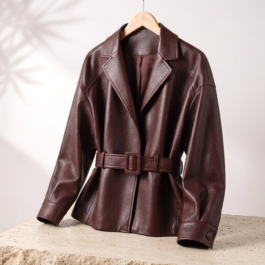 Granatex Belted Leather Blazer – Women Leather Blazer Jacket Tailored Office Evening Outerwear