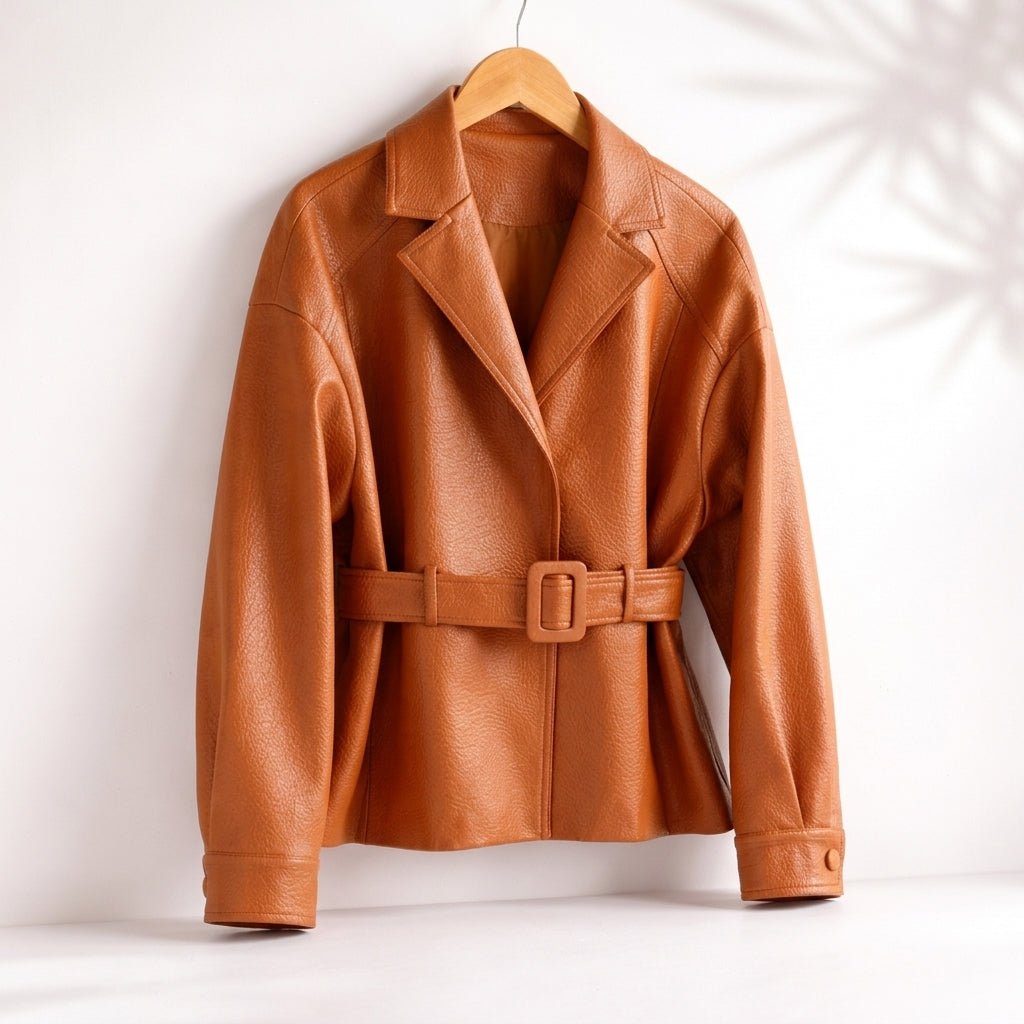 Blazer cintré en cuir avec ceinture Granatex – Veste blazer en cuir pour femme, coupe ajustée, pour le bureau et les soirées