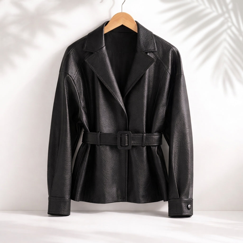 Blazer cintré en cuir avec ceinture Granatex – Veste blazer en cuir pour femme, coupe ajustée, pour le bureau et les soirées