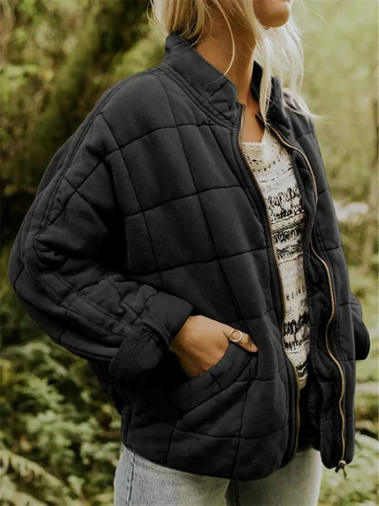 Quiltsoma Quilted Bomber Jacket – Women Puffer Zip-Up Casual Fall Streetwear Oversized Bomber Jacket